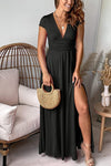 Vivienne | Women's V-Neck Maxi Dress with Gathered Waist & Thigh Split