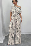 Mona | Women's Off Shoulder Wide Leg Jumpsuit Tie Waist Printed