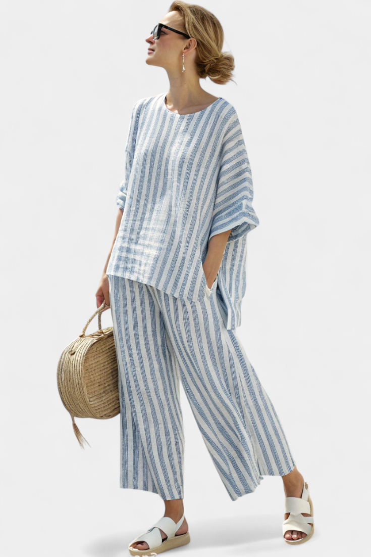 Matilda Young | Striped Linen Top &amp; Wide Leg Pants Set For Women