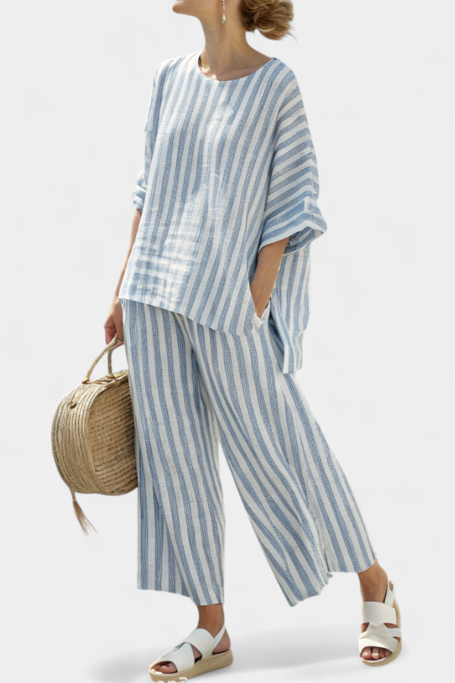 Matilda Young | Striped Linen Top &amp; Wide Leg Pants Set For Women