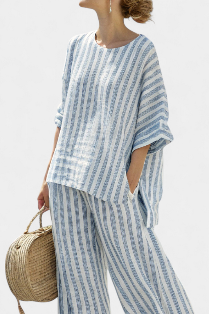 Matilda Young | Striped Linen Top &amp; Wide Leg Pants Set For Women