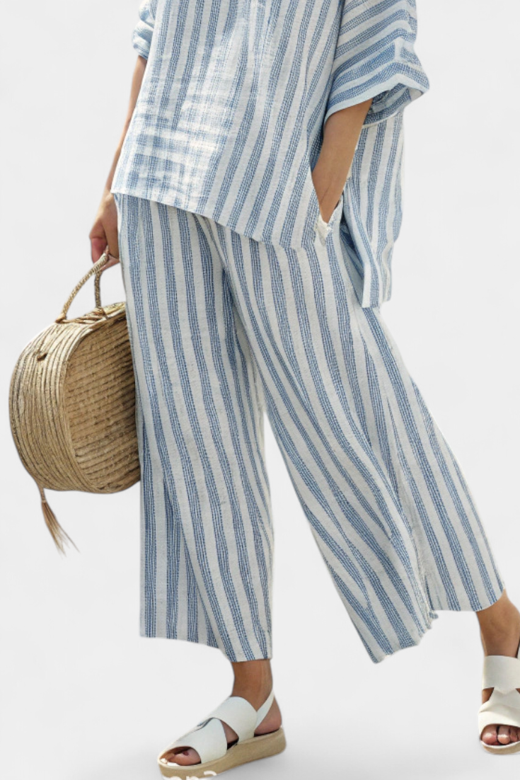 Matilda Young | Striped Linen Top &amp; Wide Leg Pants Set For Women