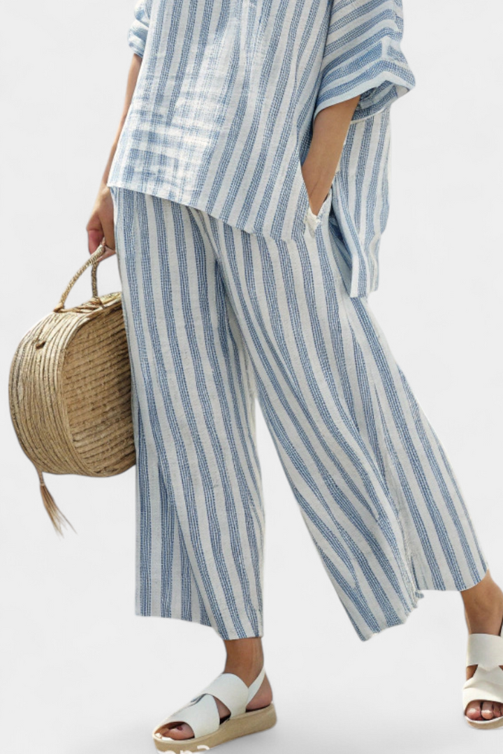 Matilda Young | Striped Linen Top &amp; Wide Leg Pants Set For Women