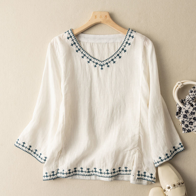 Mary | Women’s Embroidered V-Neck Blouse with Comfort