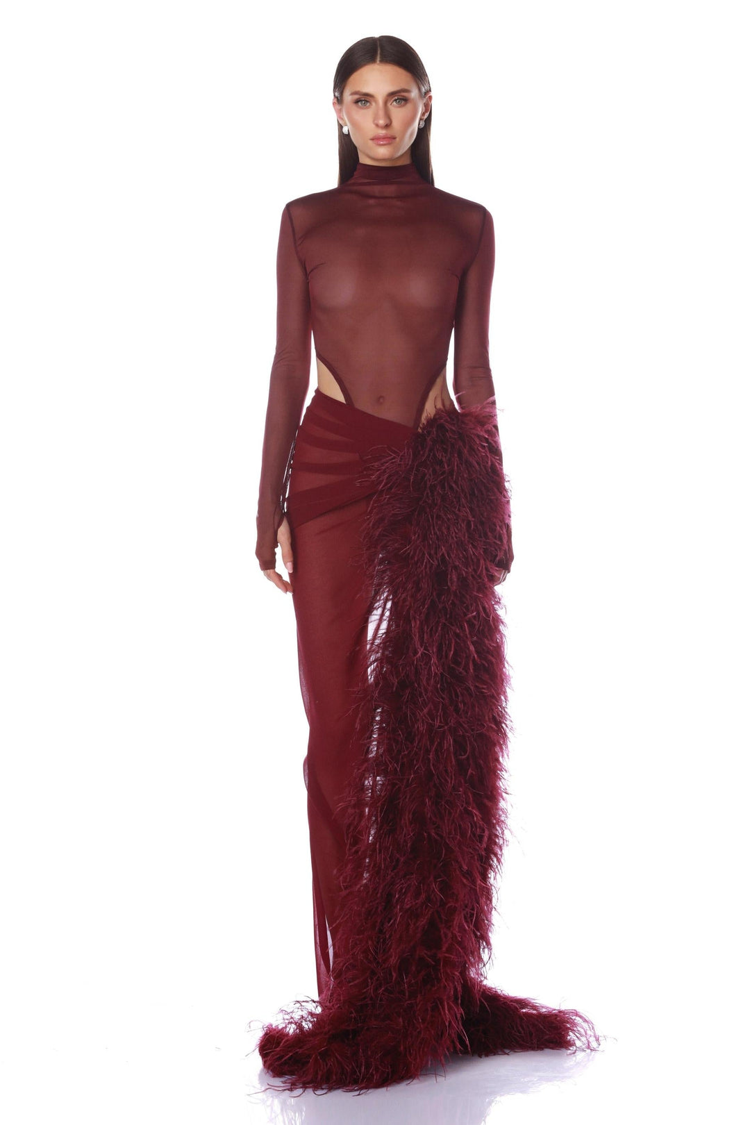 Sophia Tindall | Long Sleeve Mesh &amp; Feather Maxi Set For Women