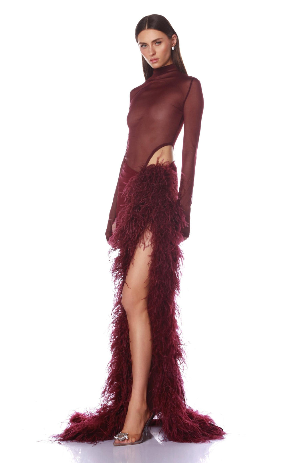 Sophia Tindall | Long Sleeve Mesh &amp; Feather Maxi Set For Women