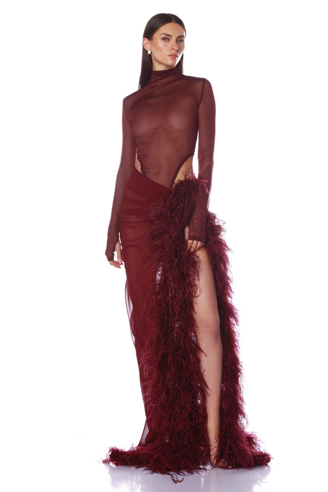 Sophia Tindall | Long Sleeve Mesh &amp; Feather Maxi Set For Women