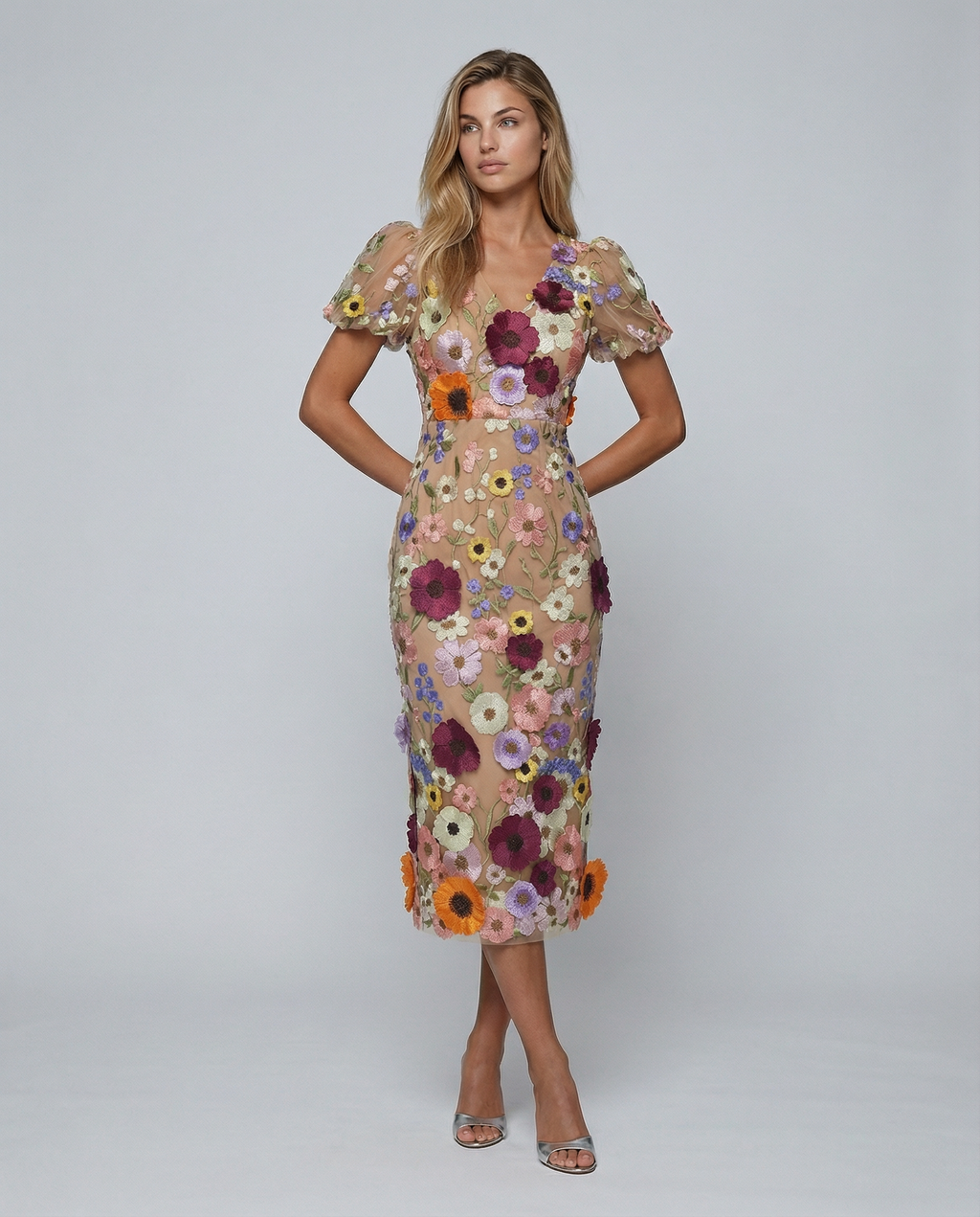 Amelia Thornton | V Neck Floral Embroidered Midi Dress For Women