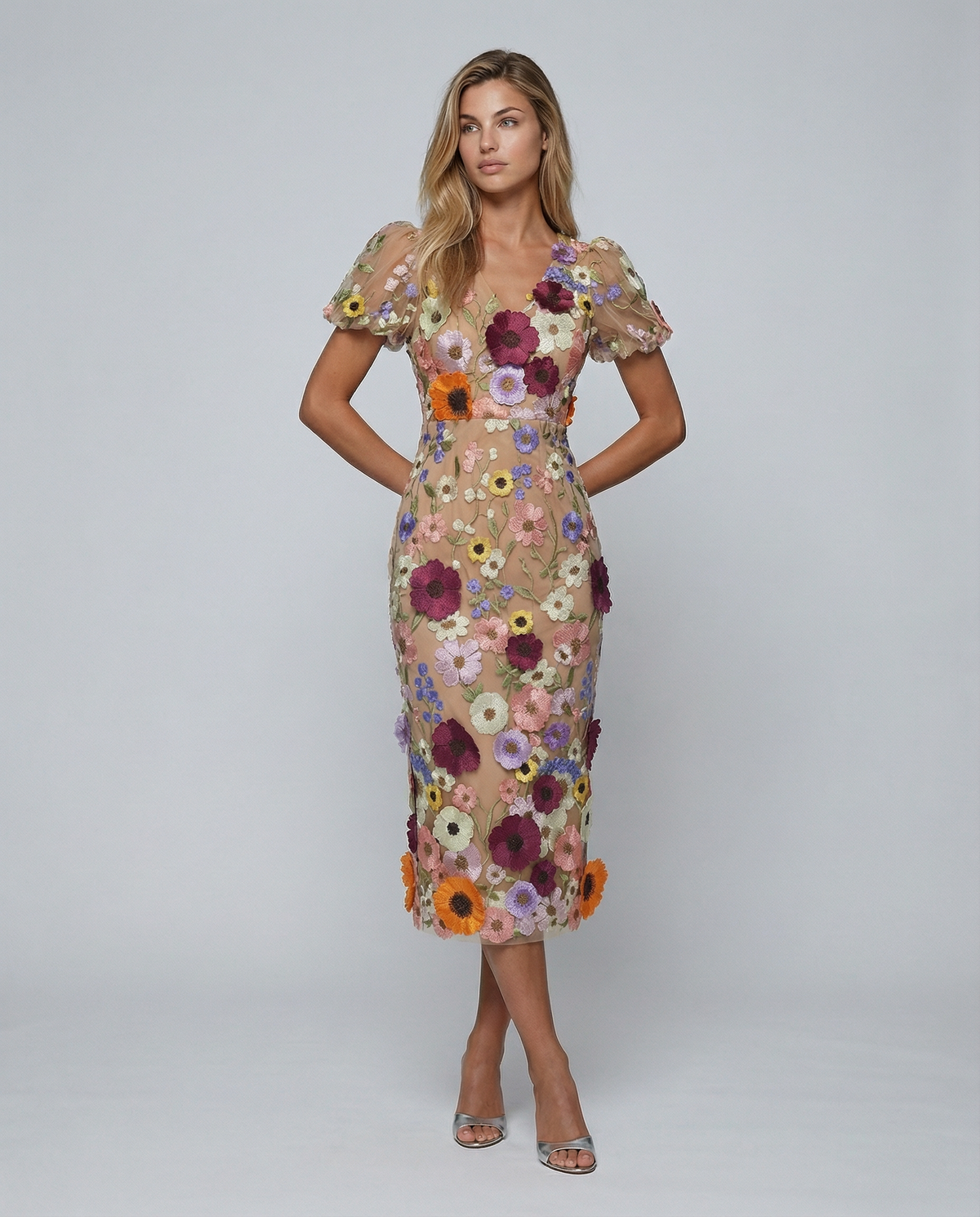 Amelia Thornton | V Neck Floral Embroidered Midi Dress For Women