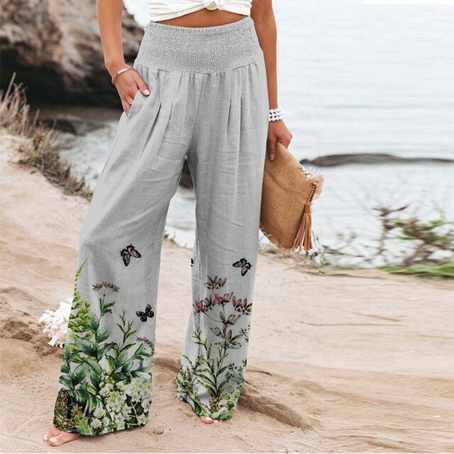 Bella | Women’s Floral Border Trousers with Smocked Waist