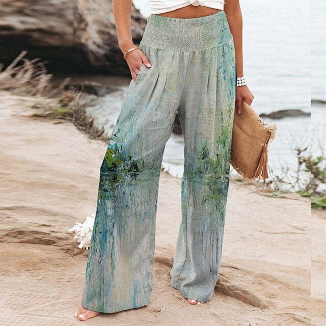 Bella | Women’s Floral Border Trousers with Smocked Waist