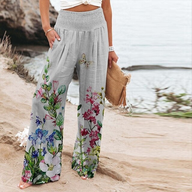 Bella | Women’s Floral Border Trousers with Smocked Waist