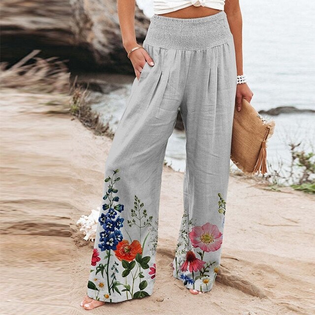 Bella | Women’s Floral Border Trousers with Smocked Waist