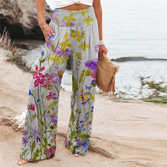 Bella | Women’s Floral Border Trousers with Smocked Waist
