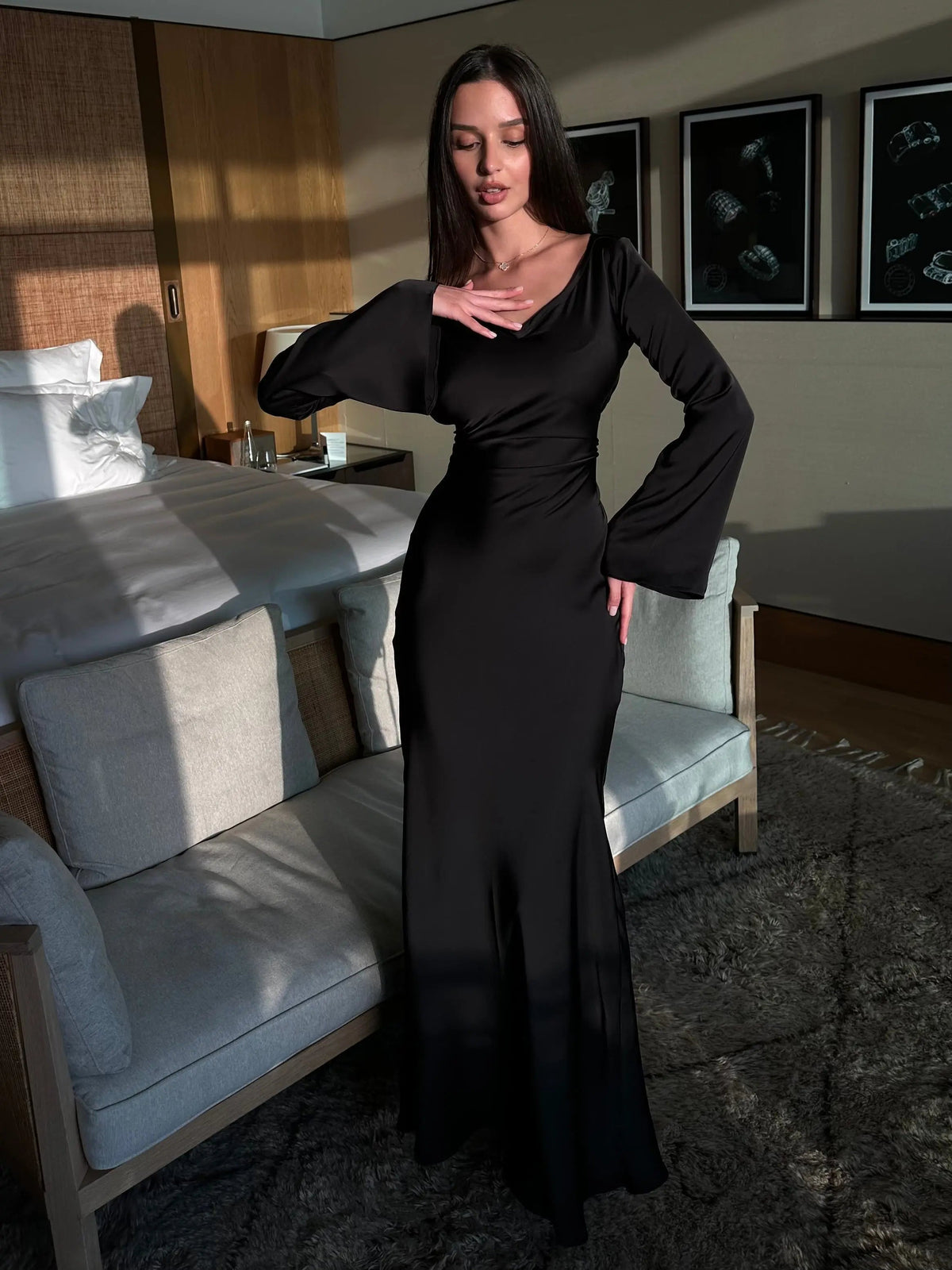 Pharia | Women’s Cowl Neck Maxi Dress with Sleeves