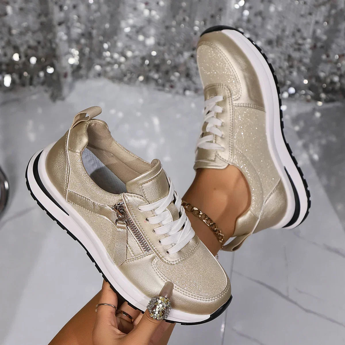 Sienna | Women’s Metallic Lace-Up Sneakers with Side Zip