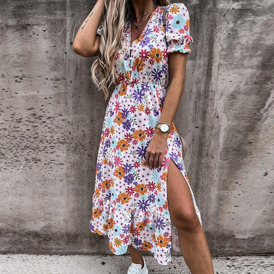 Zara | Women's Floral Midi Dress with V-Neck & Side Split
