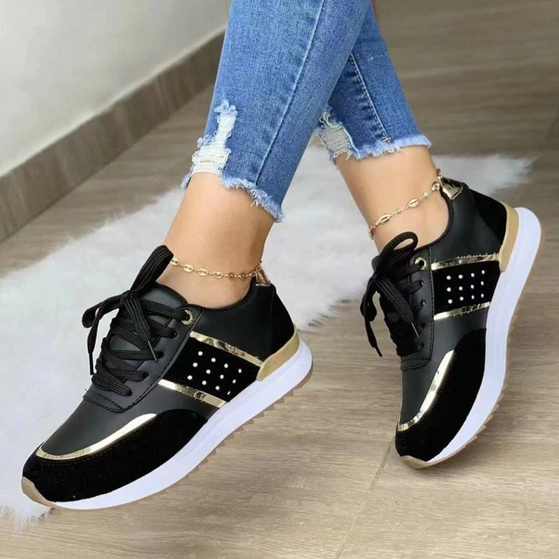 Mia | Women's Lace Up Platform Sneakers Gold Detail