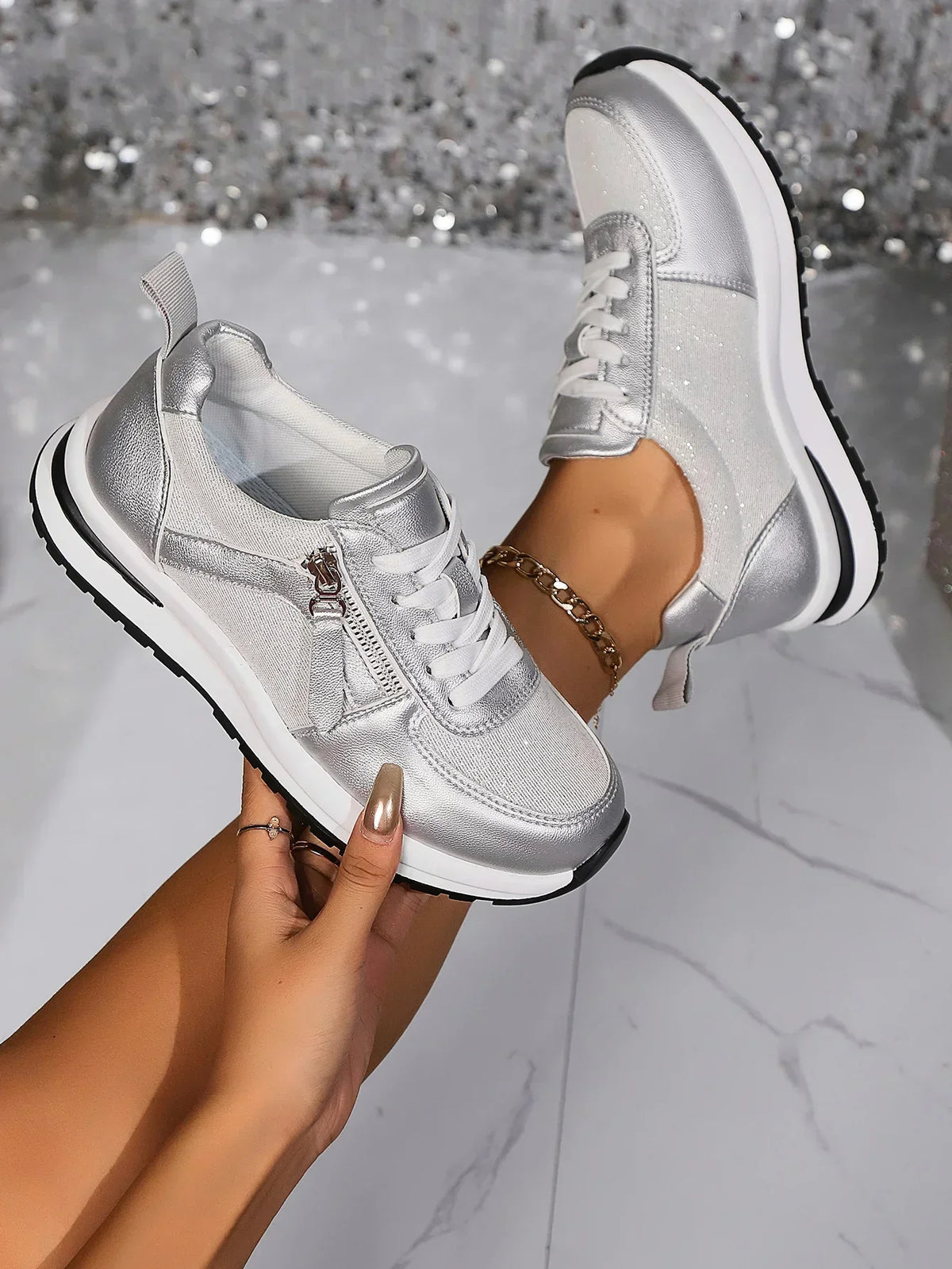 Sienna | Women’s Metallic Lace-Up Sneakers with Side Zip