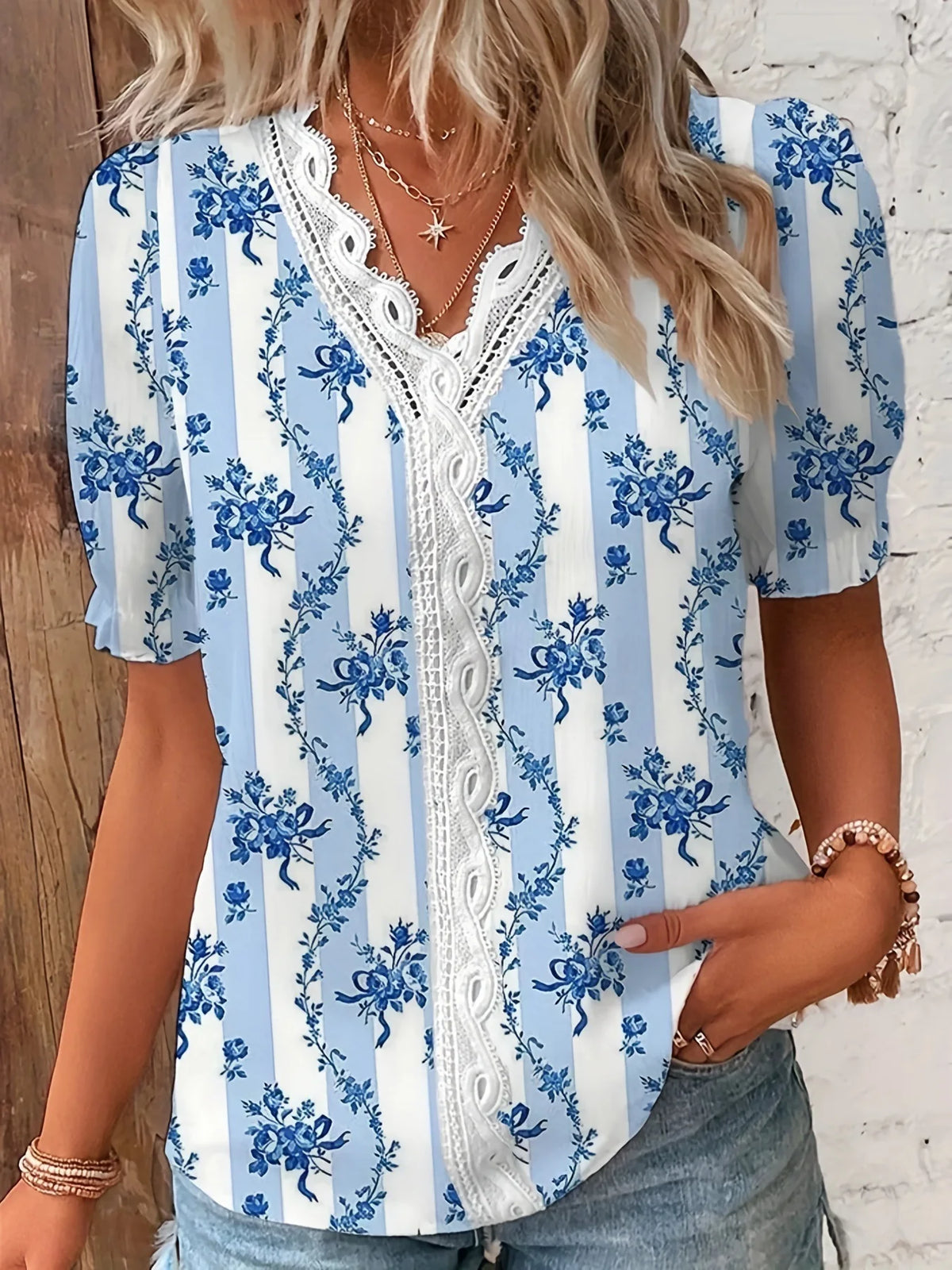 Joann | Women’s Floral Lace Blouse with V-Neck
