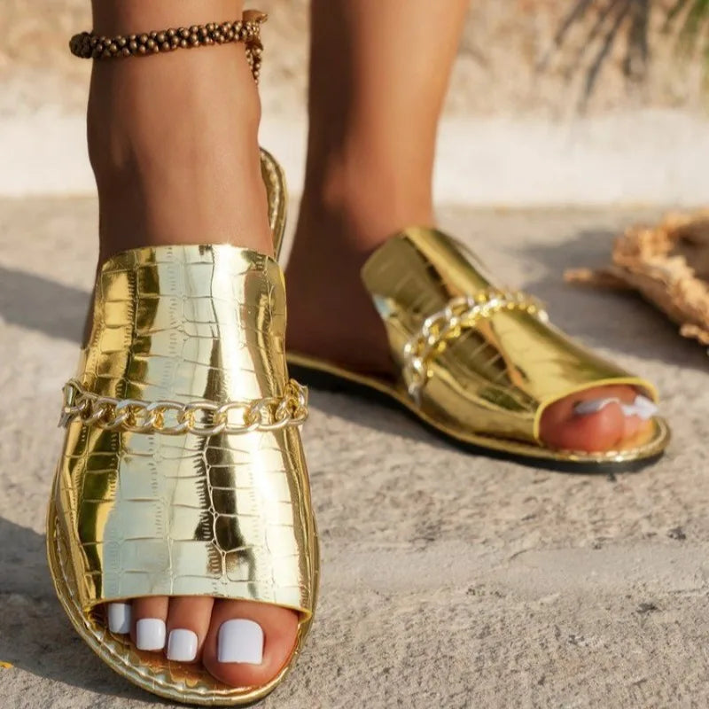 Sophia | Women’s Croc Skin Sandals with Chain Detail