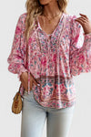 Indie | Women's Boho V-Neck Lace-Up Blouse Long Sleeve Print