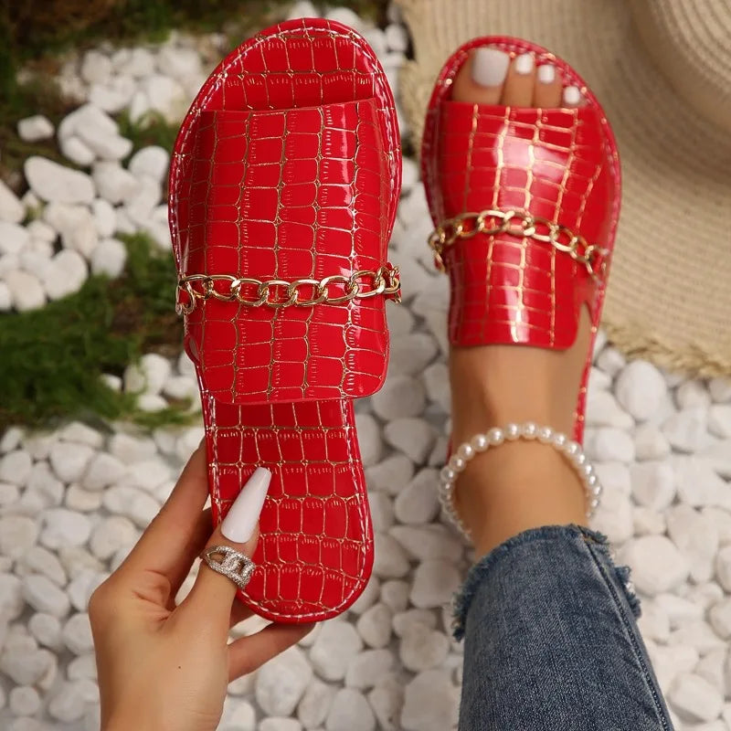 Sophia | Women’s Croc Skin Sandals with Chain Detail