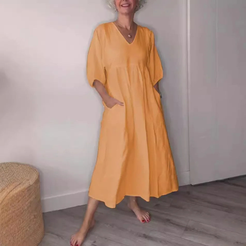 Elara | Women’s V-Neck Midi Dress with Pockets