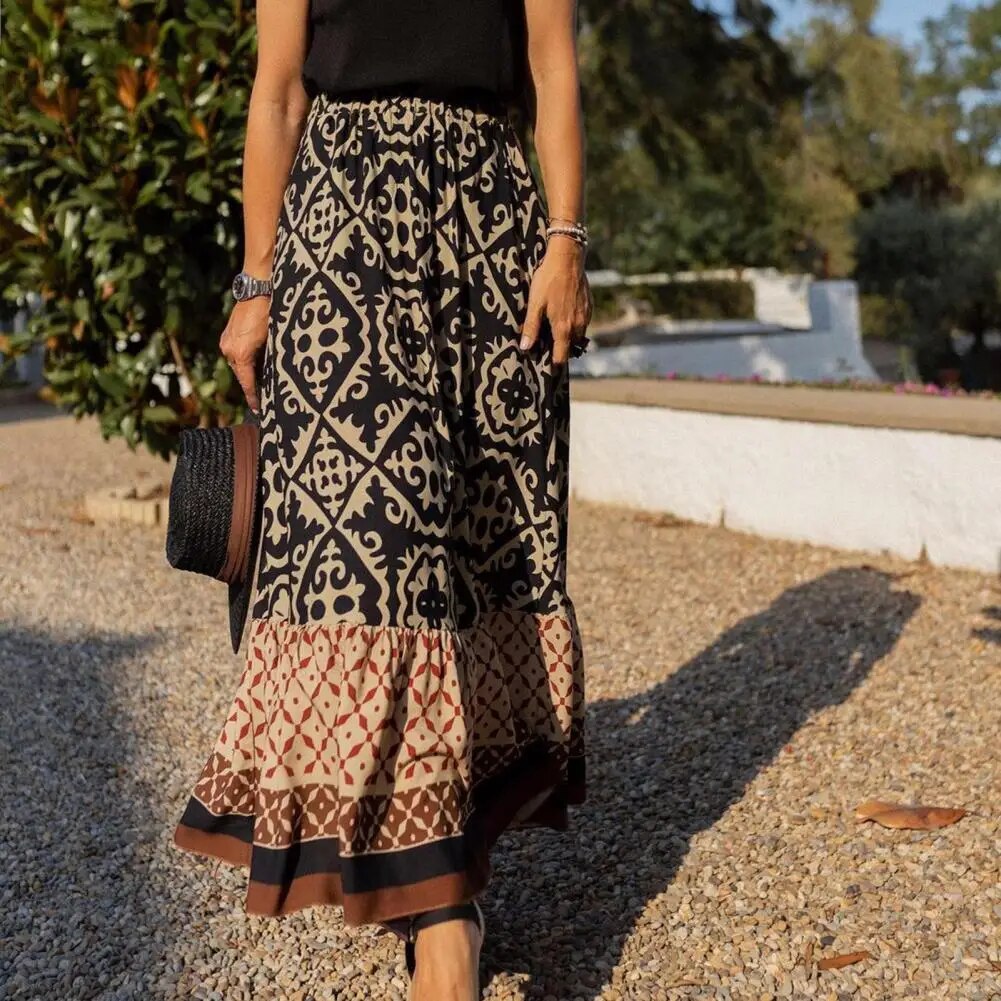 Estelle | Women’s Tile Medallion Maxi Skirt with Ruffles