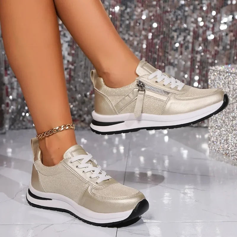 Sienna | Women’s Metallic Lace-Up Sneakers with Side Zip