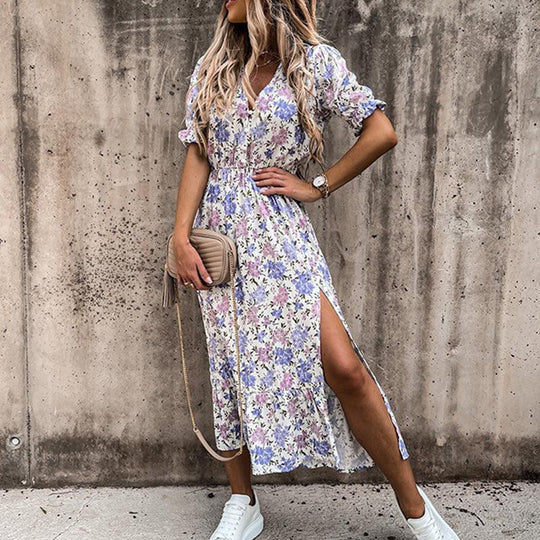 Zara | Women's Floral Midi Dress with V-Neck & Side Split