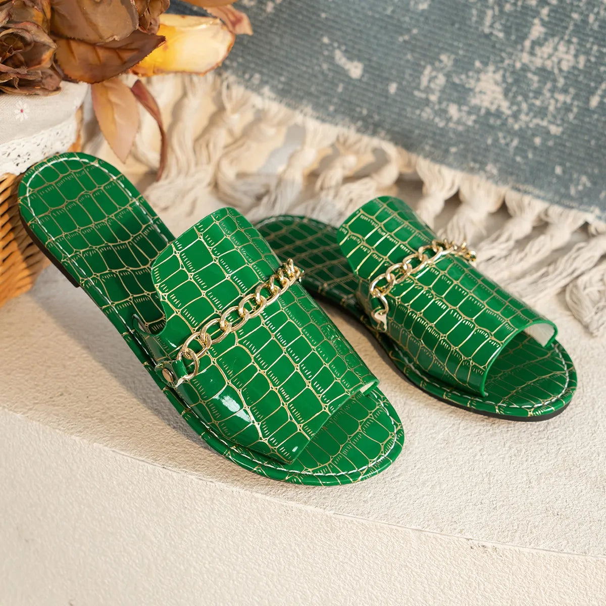 Sophia | Women’s Croc Skin Sandals with Chain Detail