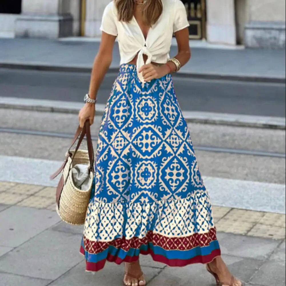 Estelle | Women’s Tile Medallion Maxi Skirt with Ruffles
