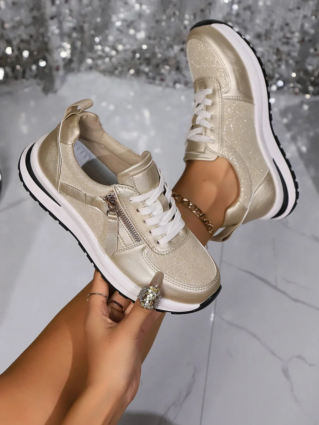 Sienna | Women’s Metallic Lace-Up Sneakers with Side Zip