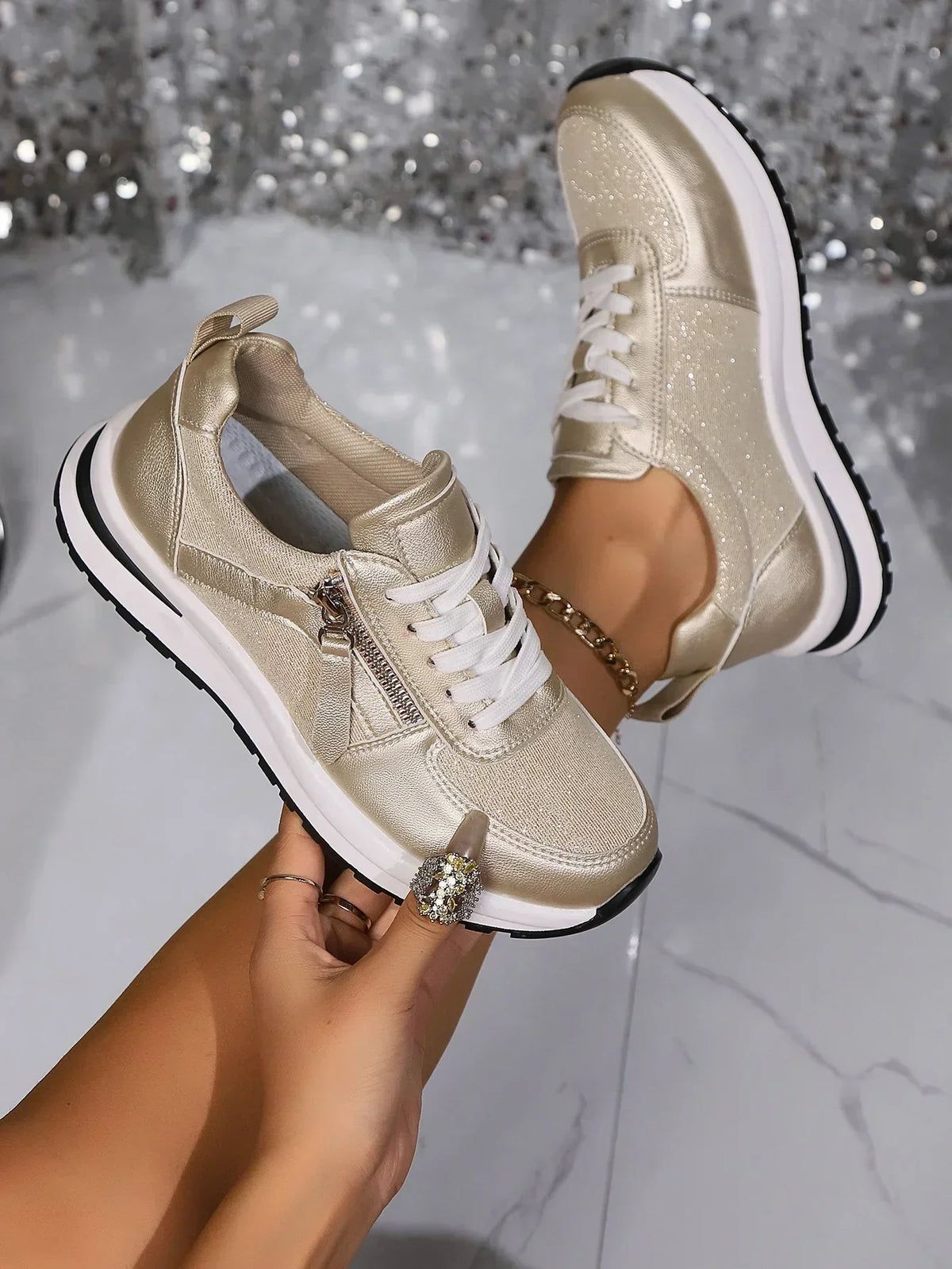 Sienna | Women’s Metallic Lace-Up Sneakers with Side Zip