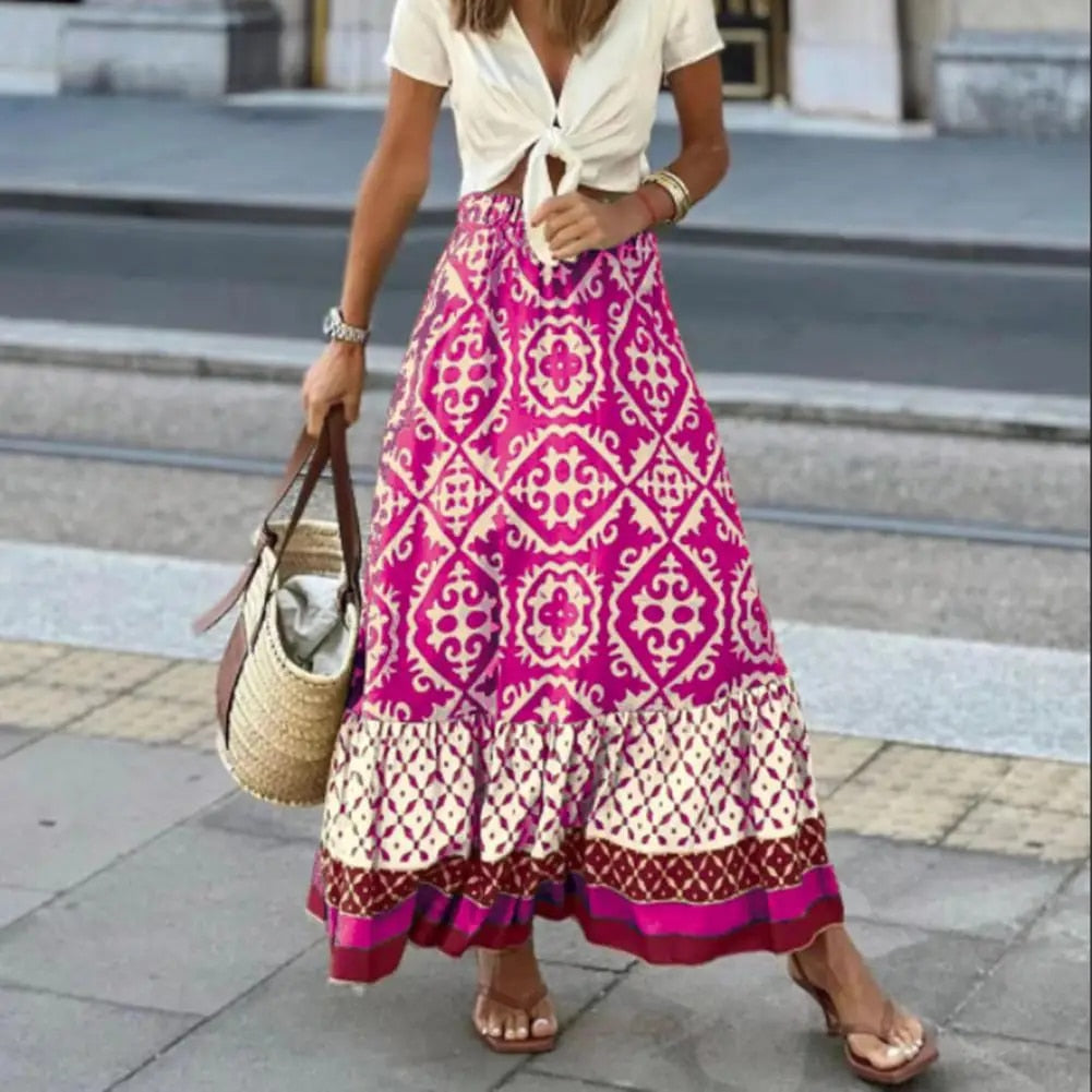 Estelle | Women’s Tile Medallion Maxi Skirt with Ruffles