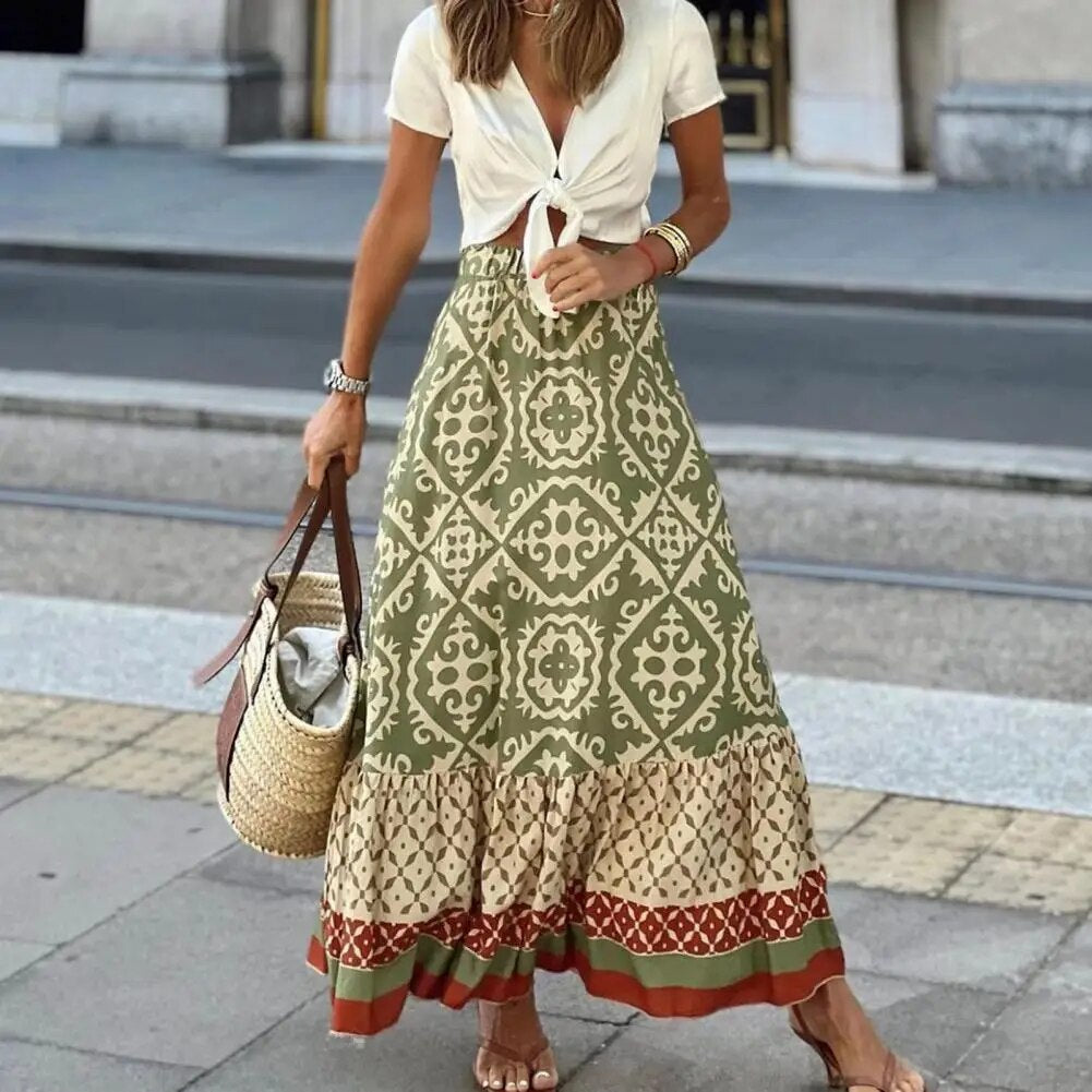 Estelle | Women’s Tile Medallion Maxi Skirt with Ruffles