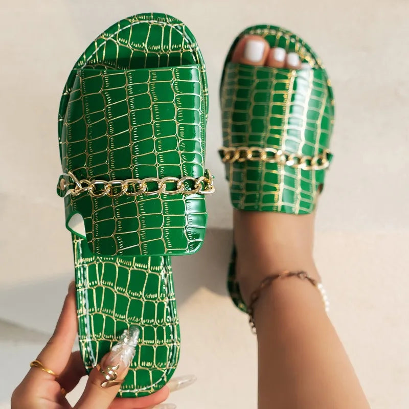 Sophia | Women’s Croc Skin Sandals with Chain Detail