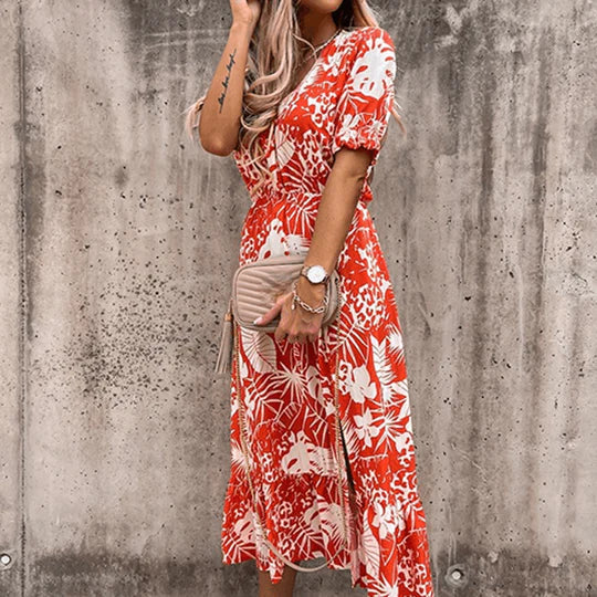 Zara | Women's Floral Midi Dress with V-Neck & Side Split