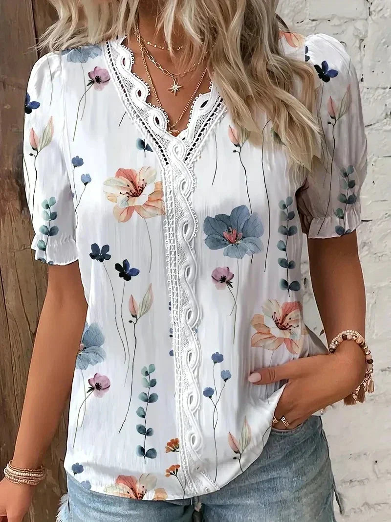 Joann | Women’s Floral Lace Blouse with V-Neck