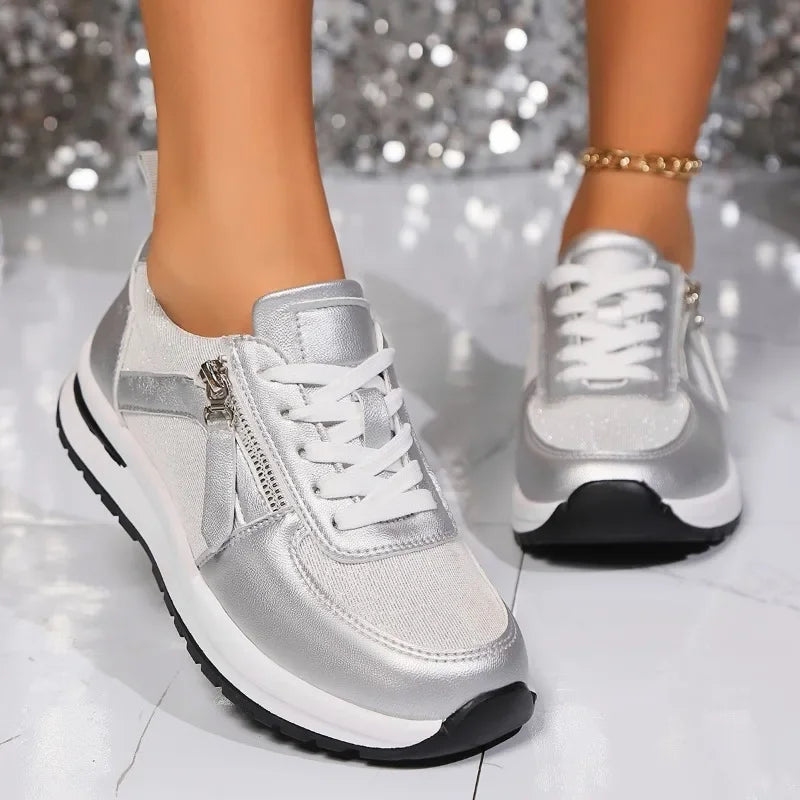 Sienna | Women’s Metallic Lace-Up Sneakers with Side Zip
