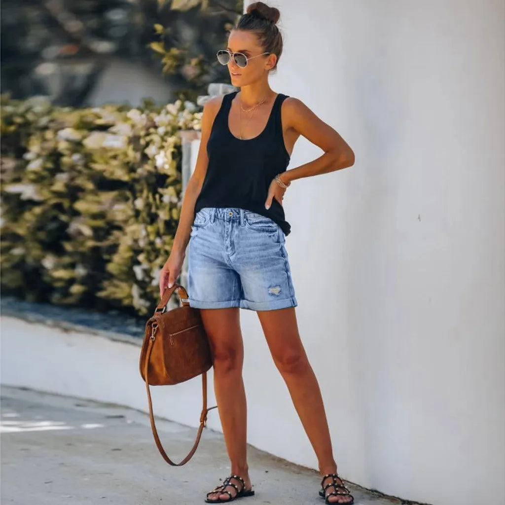 Mia | Women’s High Waist Shorts with Distressed Detailing