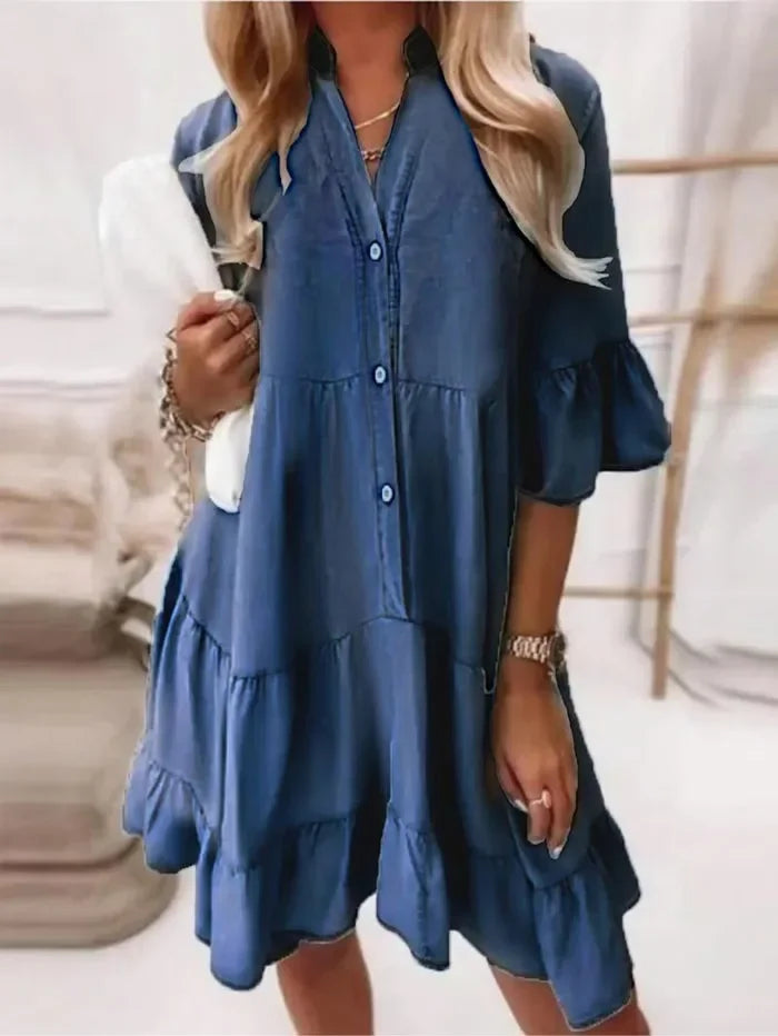 Luna | Women’s Ruffle Mini Dress with Button-Up V-Neck