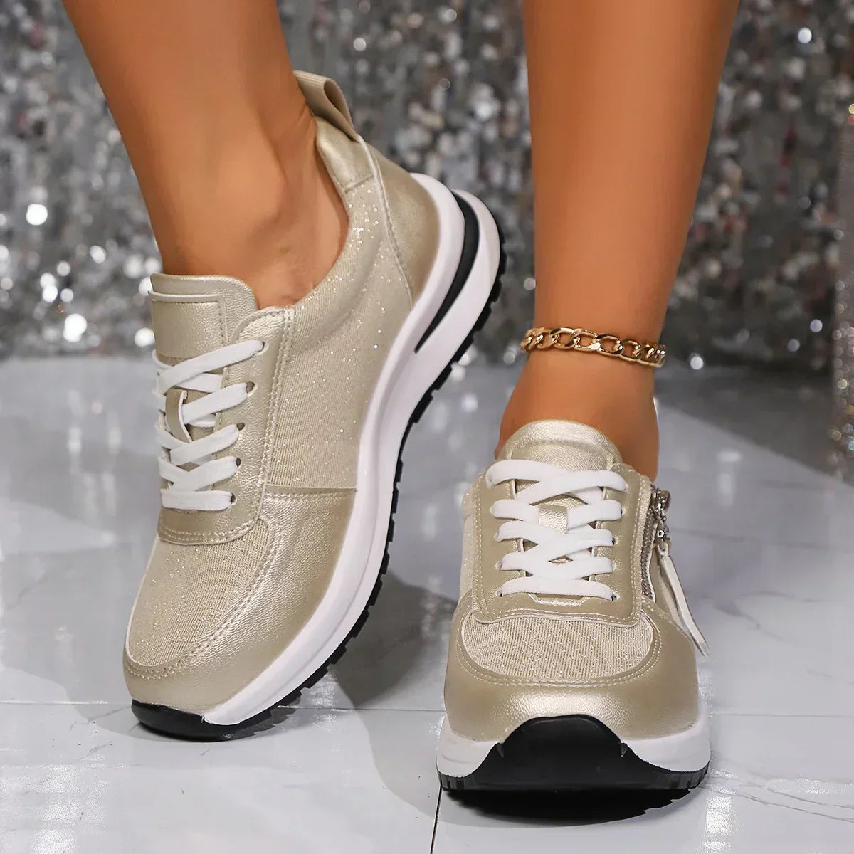 Sienna | Women’s Metallic Lace-Up Sneakers with Side Zip