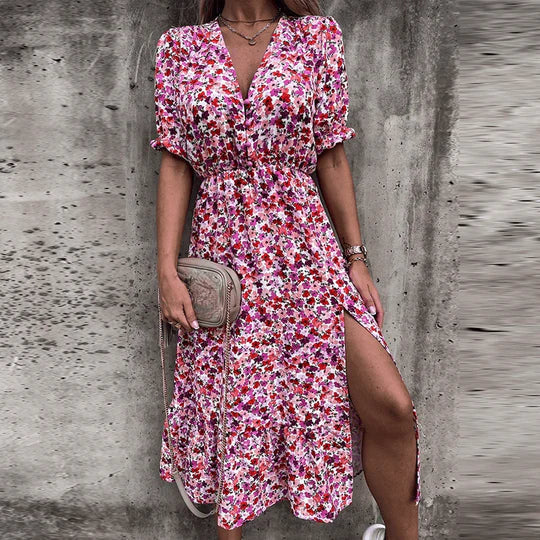 Zara | Women's Floral Midi Dress with V-Neck & Side Split