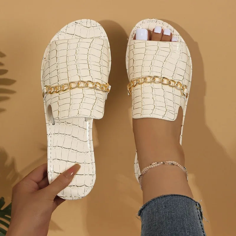 Sophia | Women’s Croc Skin Sandals with Chain Detail