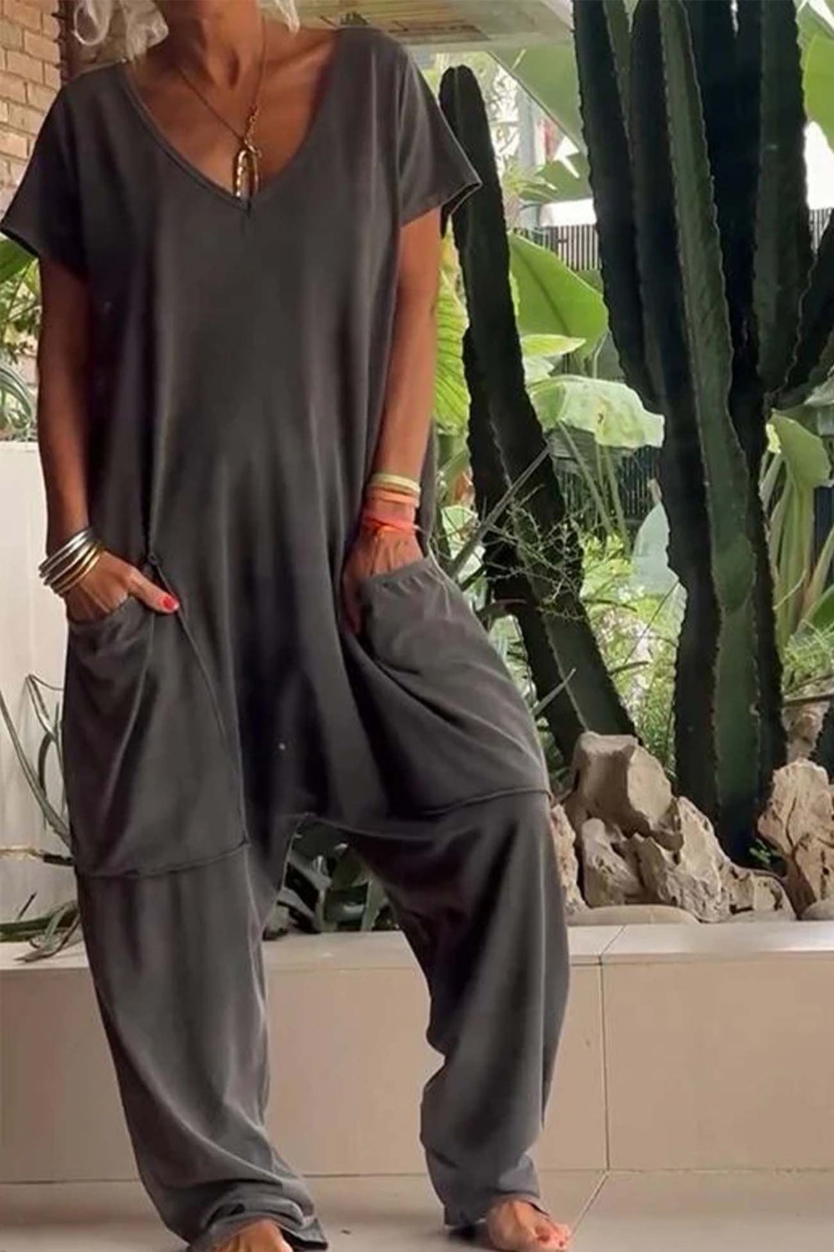 Lola | Women’s V-Neck Short Sleeve Jumpsuit with Pockets