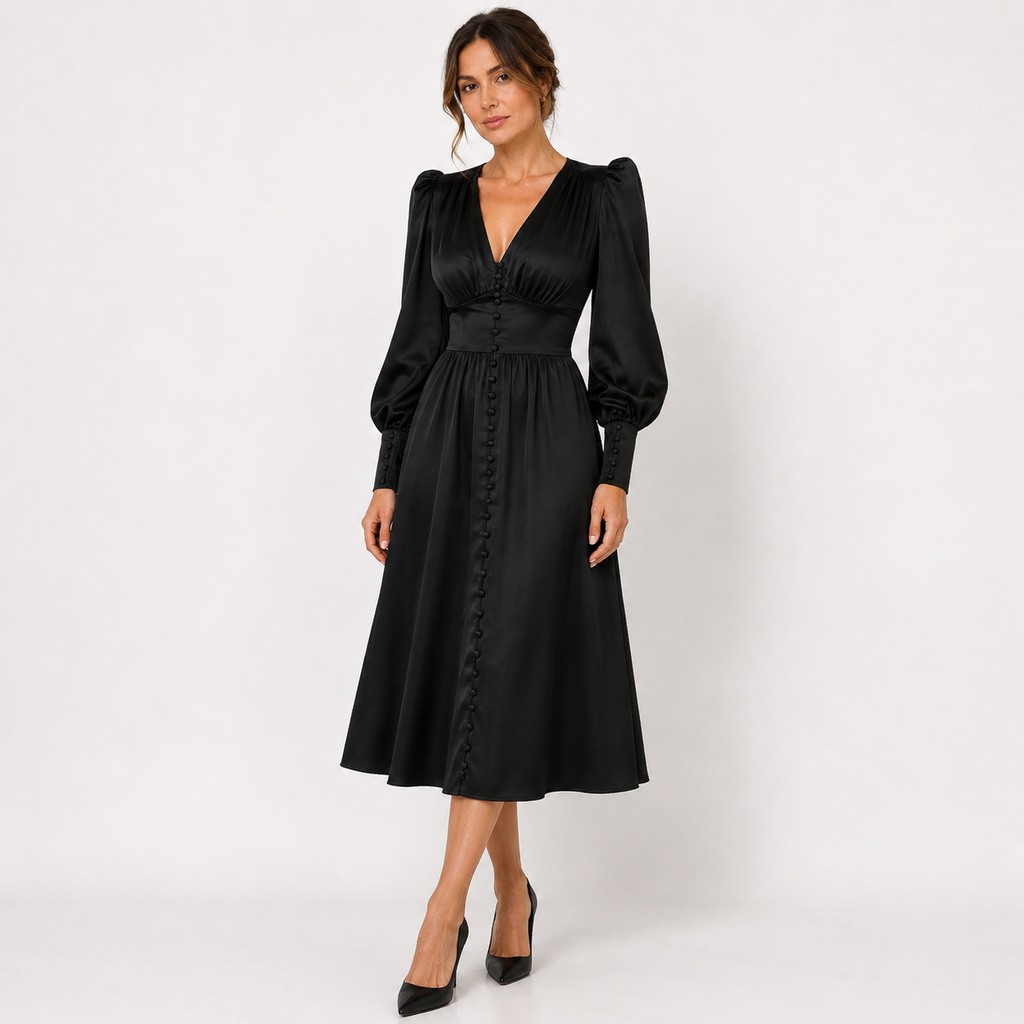 Sienna Calloway | Satin Button-Down V-Neck Midi Dress For Women