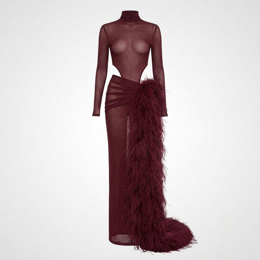 Sophia Tindall | Long Sleeve Mesh & Feather Maxi Set For Women