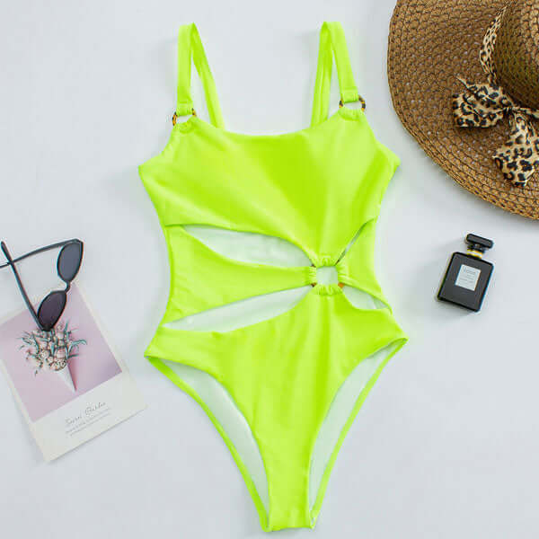 Swimsuit with Straight Neck and Open Front and Decorative Rings